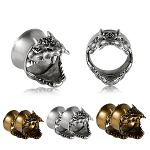 Top Copper Dragon Head Ear Gauges Double Flared Ear Tunnel Expander Hollow Ear Plug Fashion Piercing Jewelry Wholesale