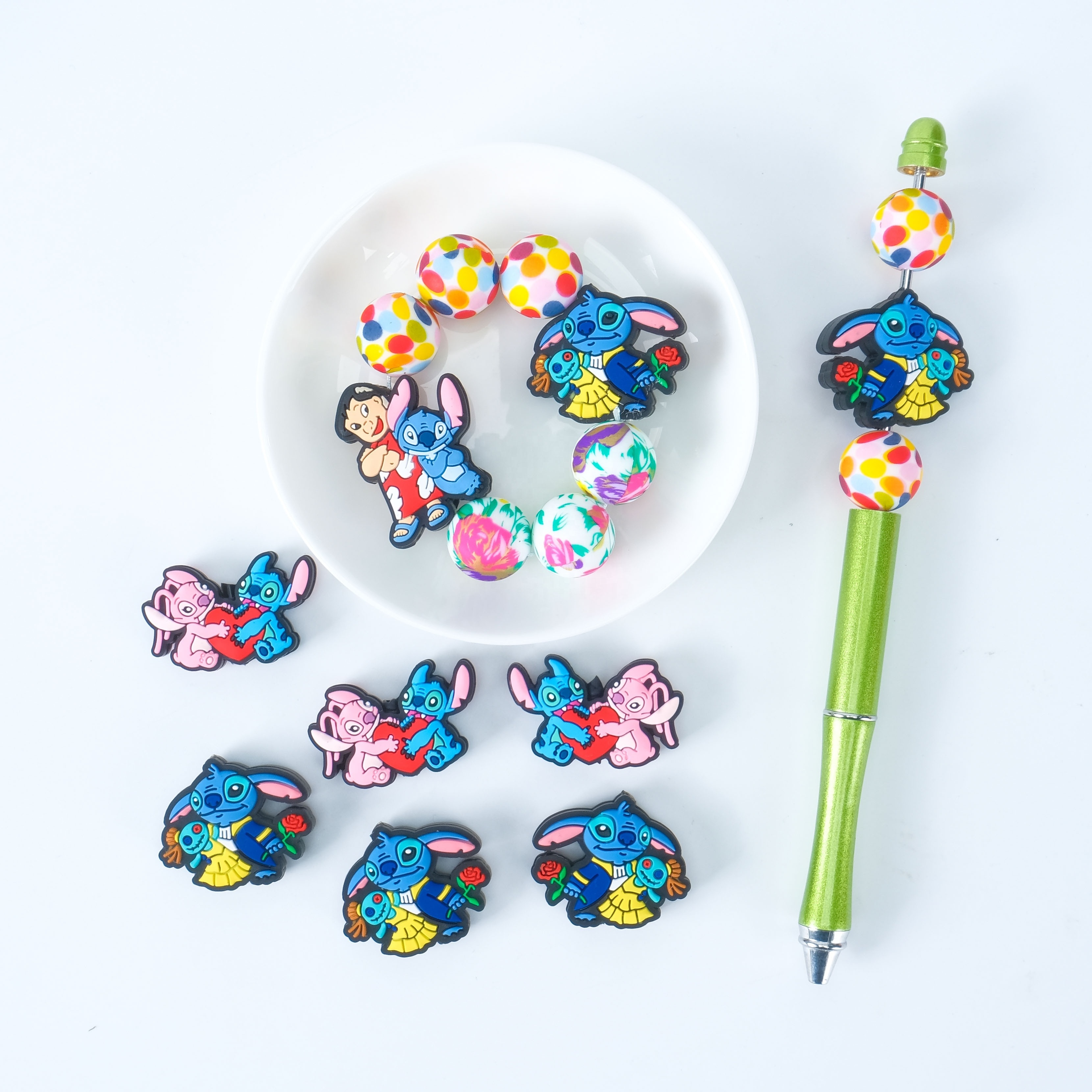 custom manufacturer lilo and stitch printed silicone focal bead pen beads charms for jewelry making necklaces