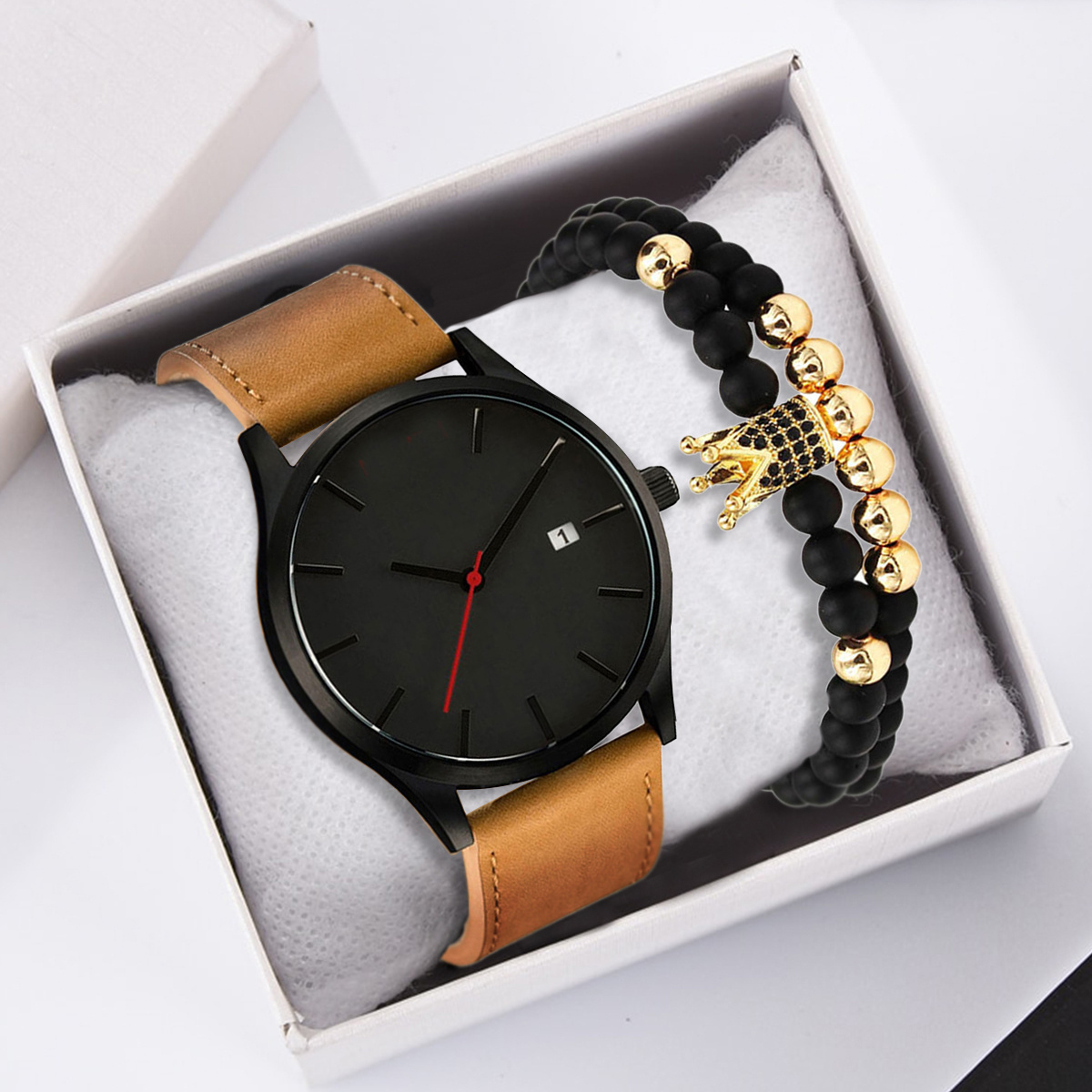 OEM ODM 6013   Hot sale 2Pcs Men's Fashion Watch  leather  Quartz Watch With A Bracelet Set