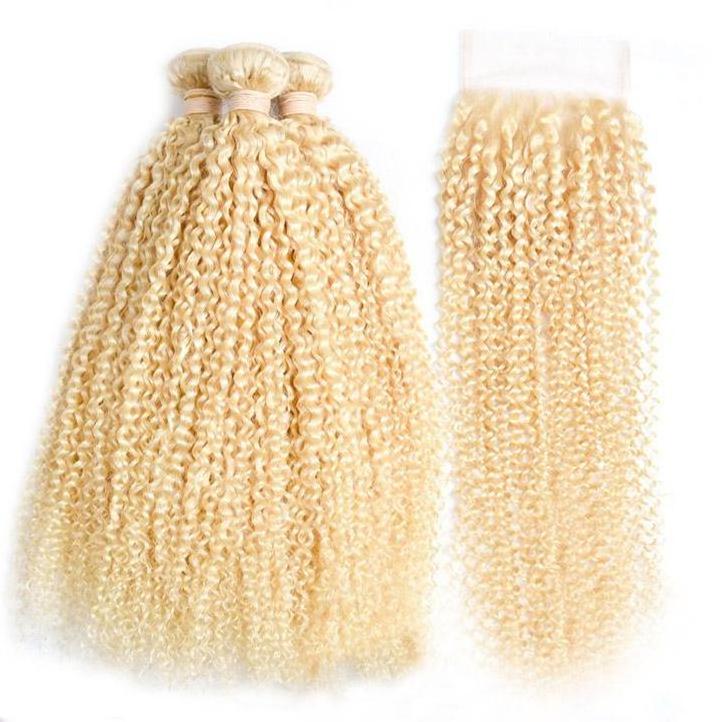 Quality 100% human hair blonde kinky curly hair bundles with closure