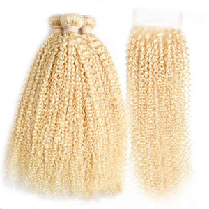 Quality 100% human hair blonde kinky curly hair bundles with closure