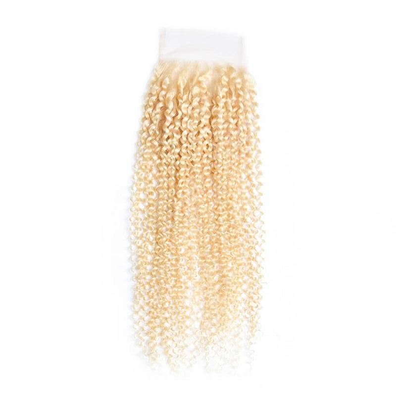 Quality 100% human hair blonde kinky curly hair bundles with closure