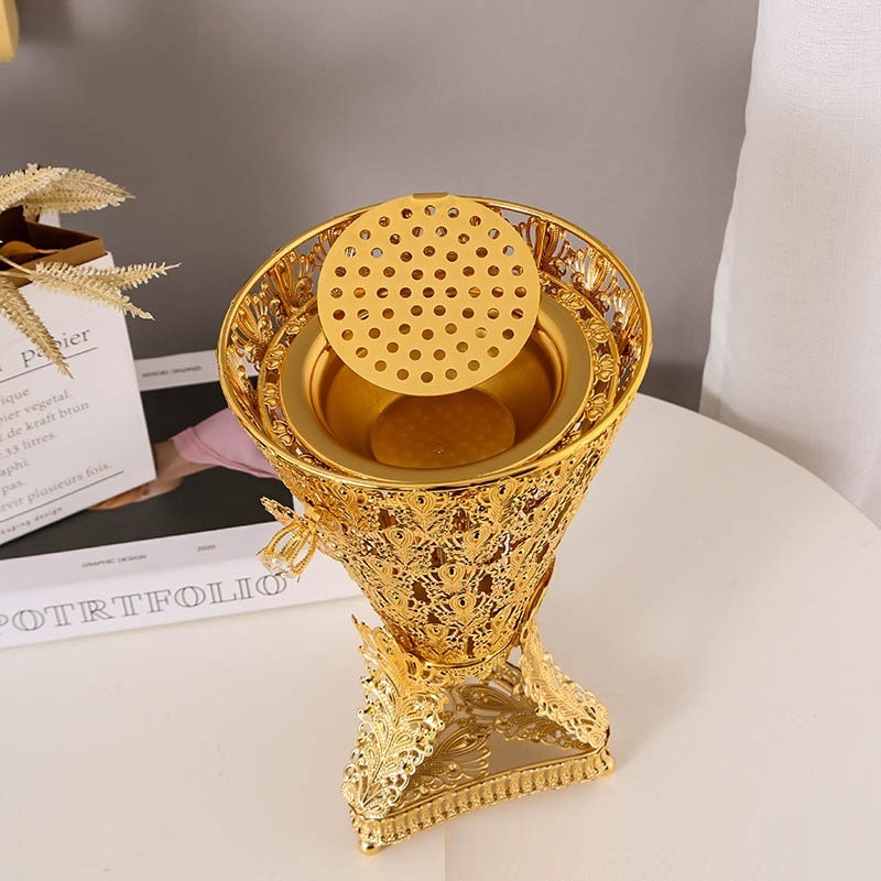 Household Essential Middle East Style Candle Burner Arab Golden Hollow Metal Backflow Incense Burner