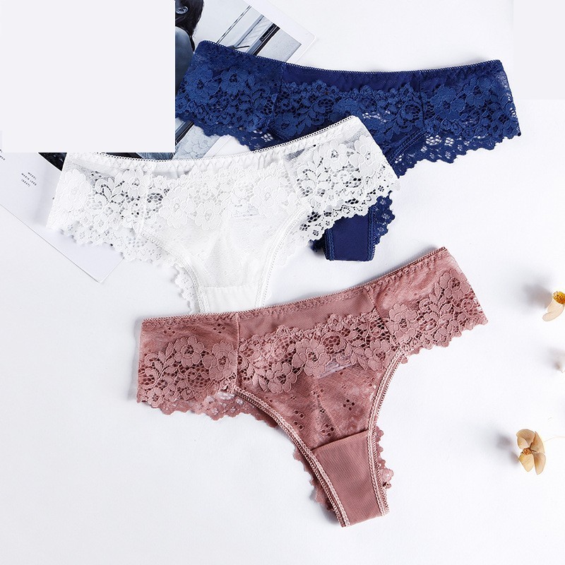 French Style Luxury Floral Embroidery Mesh Transparent Ladies Thong Bikini Lace Sexy Women's Panties