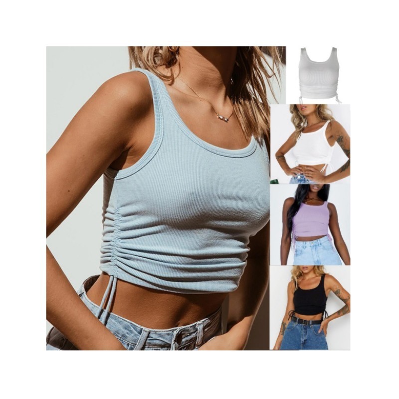 Hot Selling Products Summer String Pleated Beach Wear Women's t-Shirts Ribbed Tank Top Women Sexy Crop Top Mujer