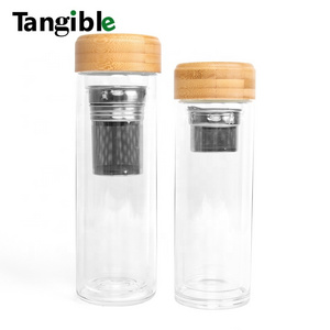 New Arrival 17 oz 500ml bamboo  lid High boron glass Transparent insulated cups thermos vacuum flasks vacuum bottle thermos tea