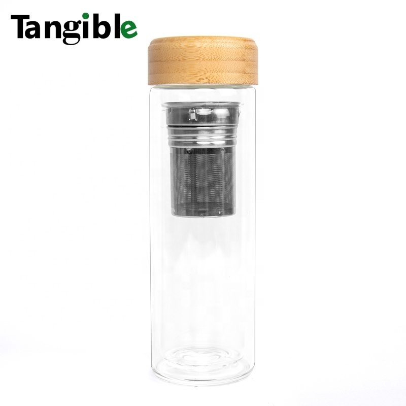 New Arrival 17 oz 500ml bamboo  lid High boron glass Transparent insulated cups thermos vacuum flasks vacuum bottle thermos tea