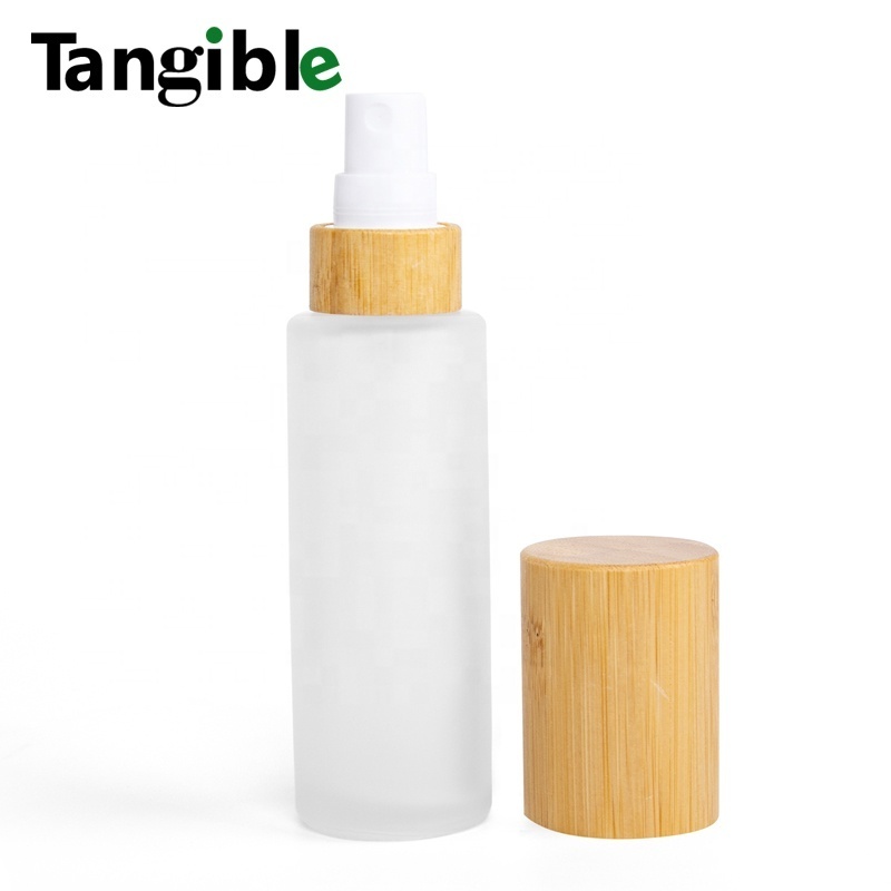 Cosmetic packing Frosted Glass mist spray Bottle With Bamboo cap  60ml olive oil glass bottle