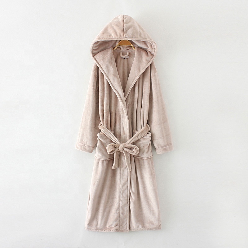 Women's Plush Fleece Robe with Hood Warm Solid Polar Fleece Bathrobe