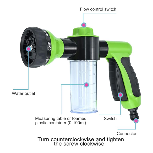 Hot Selling 8 In 1 Garden Hose Pipe Spray Foam Hose Nozzle Sprayer With Soap Dispenser