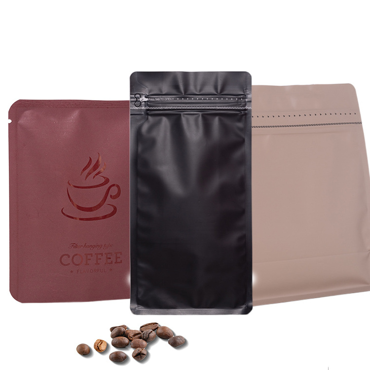 Heat Sealable Aluminum Foil Plastic Quad Seal Side Gusset Coffee Packaging Bags With One Way Degassing Valve