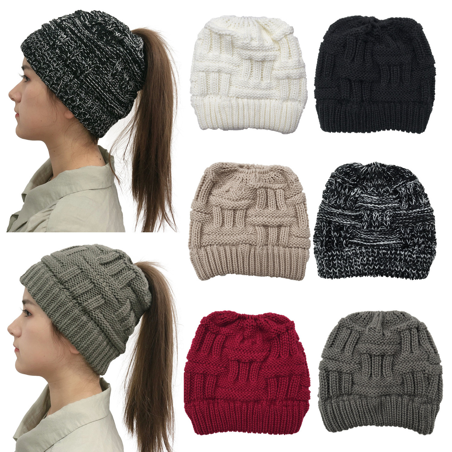 wholesale custom logo winter warm acrylic solid color cold hat knitted hat ponytail beanie