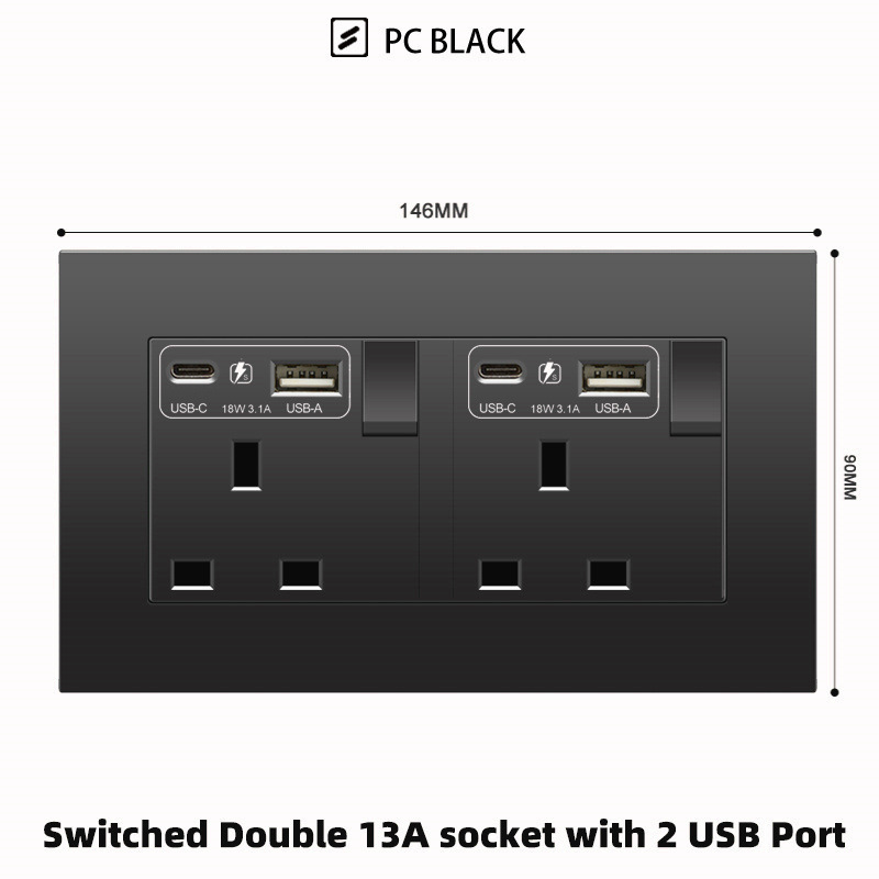 Uk 13A Light Switch Single Socket Home Electrical Materials USB fast charging type-c Power Universal Outlet Wall Switches Socket