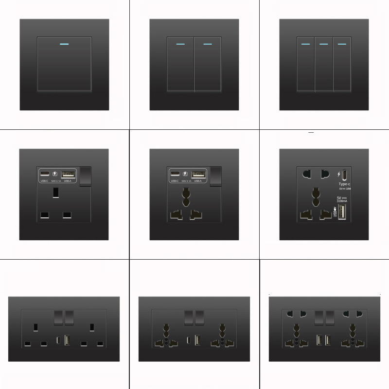 Uk 13A Light Switch Single Socket Home Electrical Materials USB fast charging type-c Power Universal Outlet Wall Switches Socket