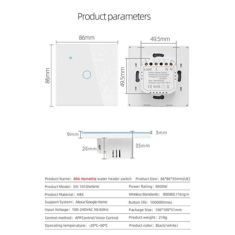 EU WiFi Boiler Water Heater Switch 40A Homekit Tuya Zigbee Smart Life App Remote Control Timer Voice Control Google Alexa