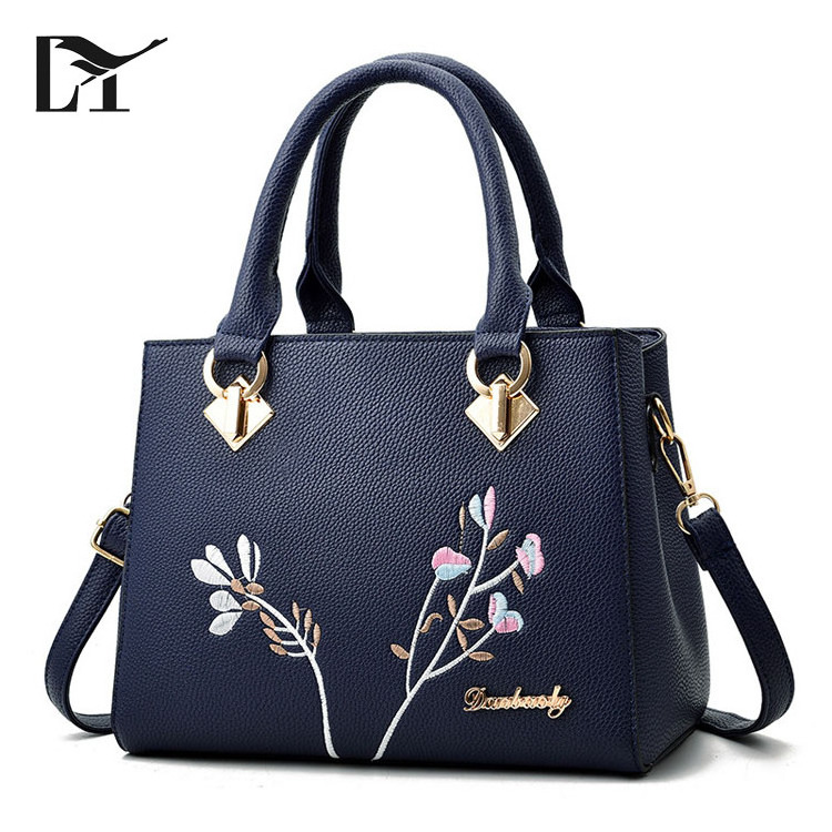 Cheap Price Elegant Office Lady Hard Black Designer Inspired Leather Embroidery Handbag With Flower On Front Of Handbag