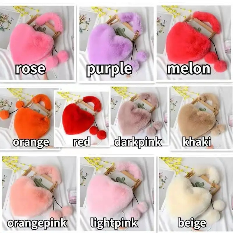 Cute Plush Autumn Winter Fur Handbag Sweet Beauty Heart Shape Purse Set Imitation Rabbit Faux Fur Bag For Woman