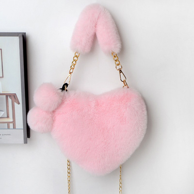 Cute Plush Autumn Winter Fur Handbag Sweet Beauty Heart Shape Purse Set Imitation Rabbit Faux Fur Bag For Woman