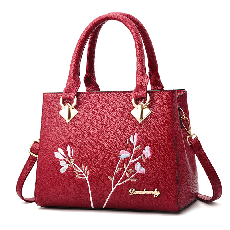 Cheap Price Elegant Office Lady Hard Black Designer Inspired Leather Embroidery Handbag With Flower On Front Of Handbag