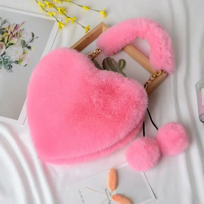 Cute Plush Autumn Winter Fur Handbag Sweet Beauty Heart Shape Purse Set Imitation Rabbit Faux Fur Bag For Woman