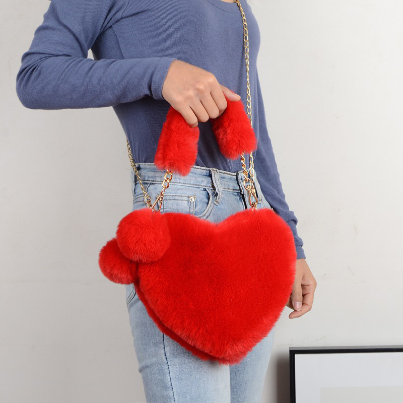 Cute Plush Autumn Winter Fur Handbag Sweet Beauty Heart Shape Purse Set Imitation Rabbit Faux Fur Bag For Woman