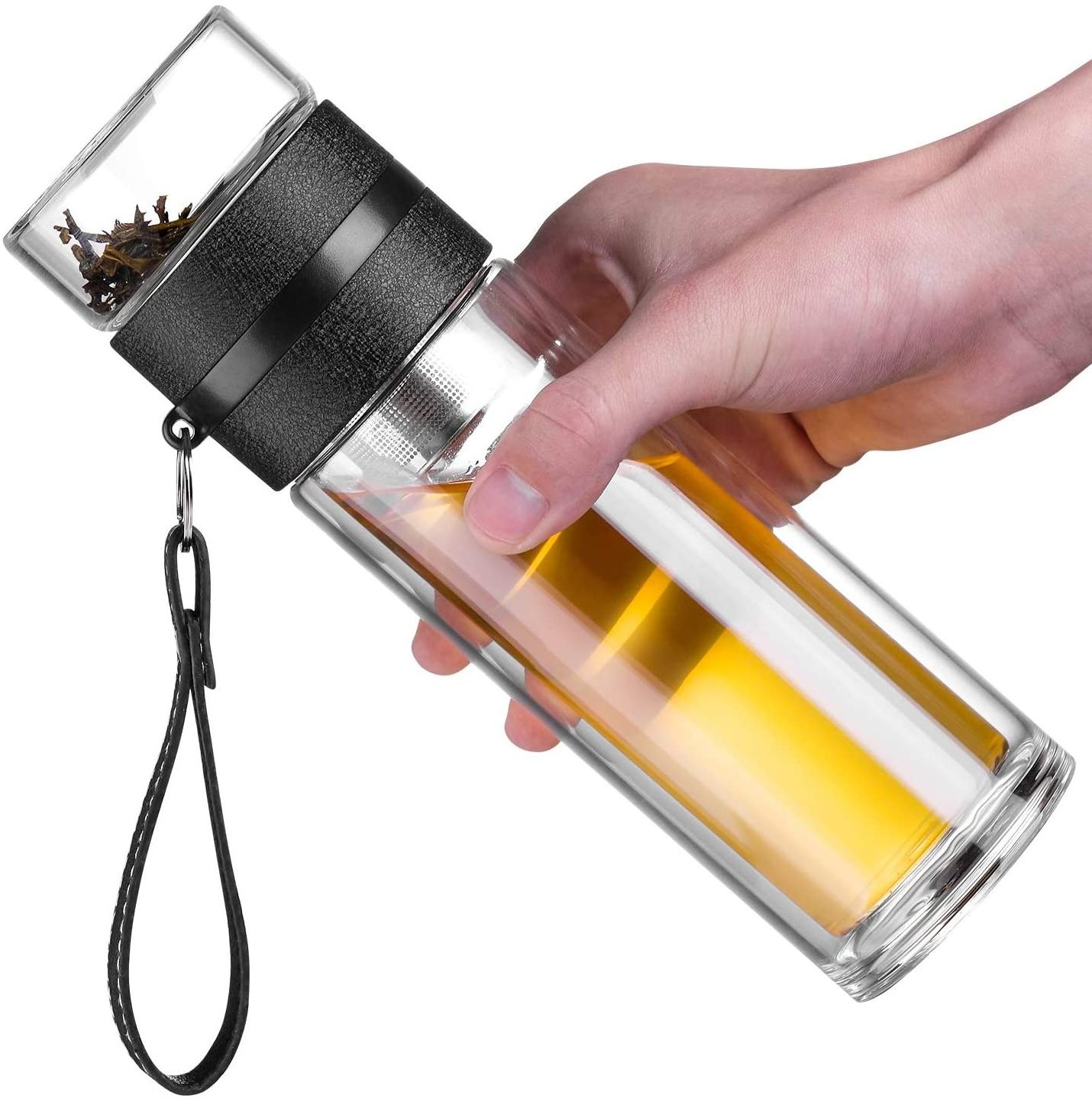 Amazon Hot 13oz Fine Small Mesh Double Wall Glass Water Bottle Tea and Water Separation Tea Bottle Mug Cup with Tea Infuser