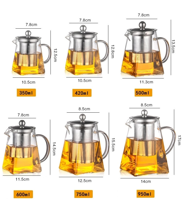 20OZ 600ML Clear Borosilicate Square Glass Teapot with Stainless Steel Infuser Strainer for Blooming Loose Leaf Tea