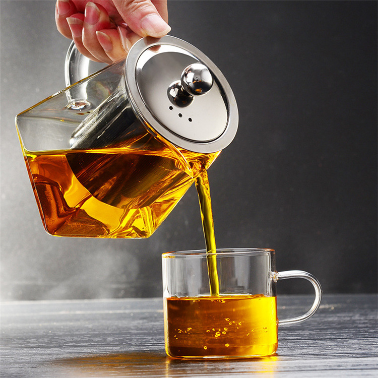 20OZ 600ML Clear Borosilicate Square Glass Teapot with Stainless Steel Infuser Strainer for Blooming Loose Leaf Tea