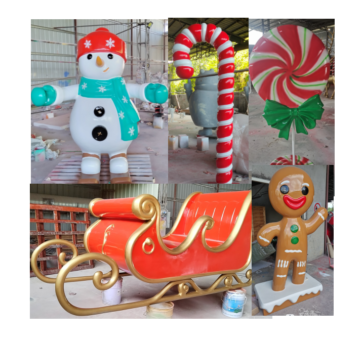 fiberglass giant large Christmas candy cane lollipop Gingerbread snowman santa sleigh nutcracker landscape decorations