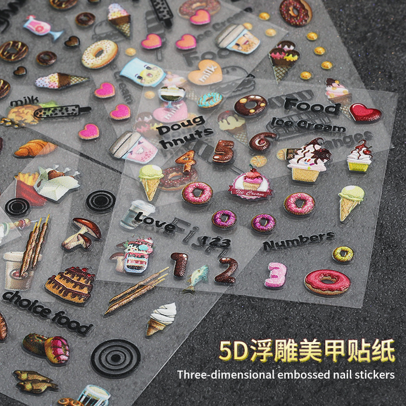 wholesale 6psc/set nail water stickers 5d three-dimensional embossed Chocolate Food Gummy Bear Smiley Flower Leaves mix stickers