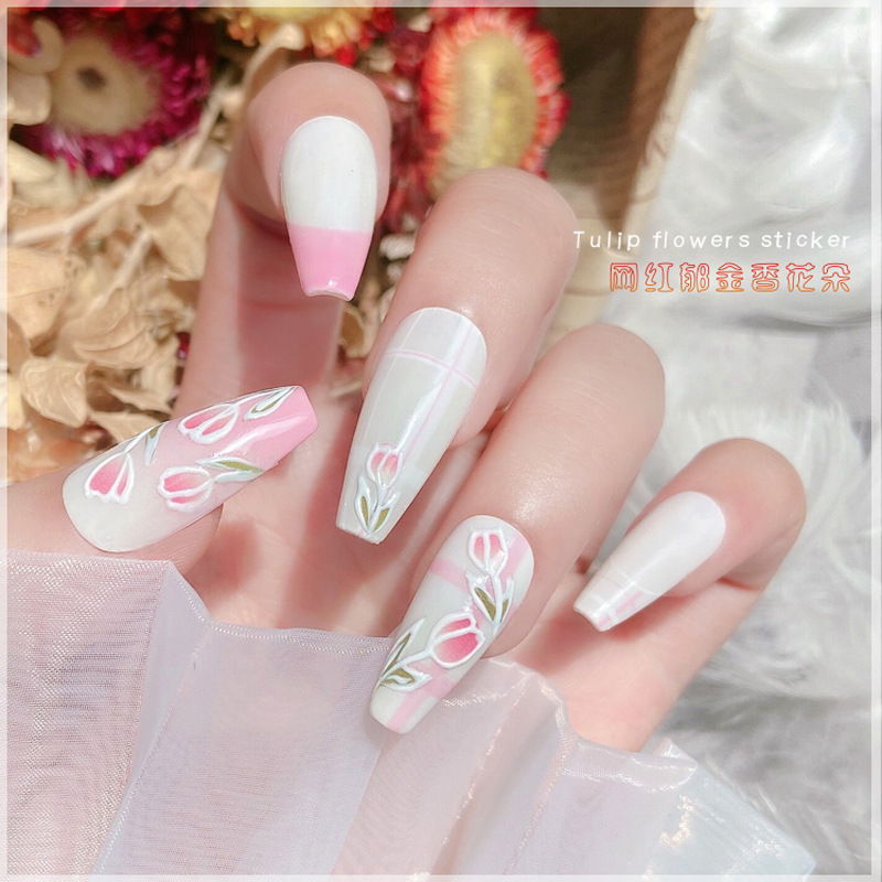 Tulip nail stickers 3D spring and summer new ins cute small fresh pink flowers decorative nail stickers