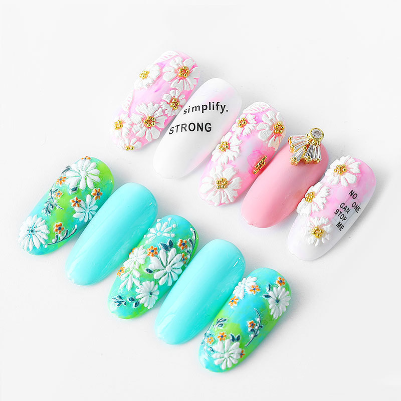 2023 popular nail art sticker 5d Embossed Japanese daisy flower leaf lace gem decoration stickers