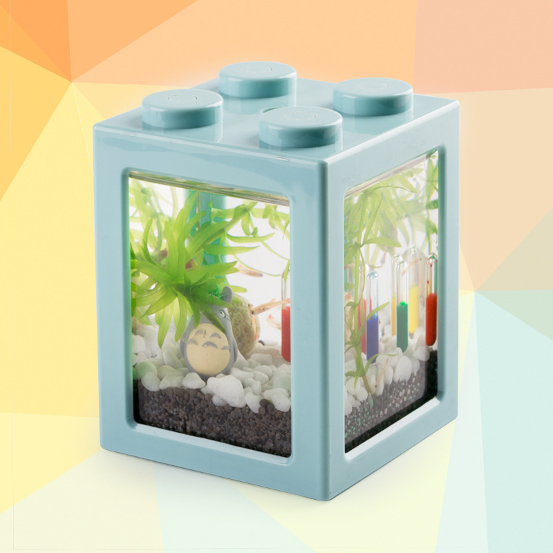 Mini aquarium Betta fish tank Multi-function colorful box  Creative Building block fish tank home office Tea Table Feeding box