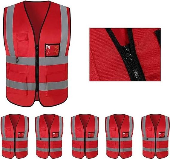 5 Pack Reflective Safety Vest for Women, Men High Visibility Reflective Vest with 5 Pockets Neon Red in stock for man and woman