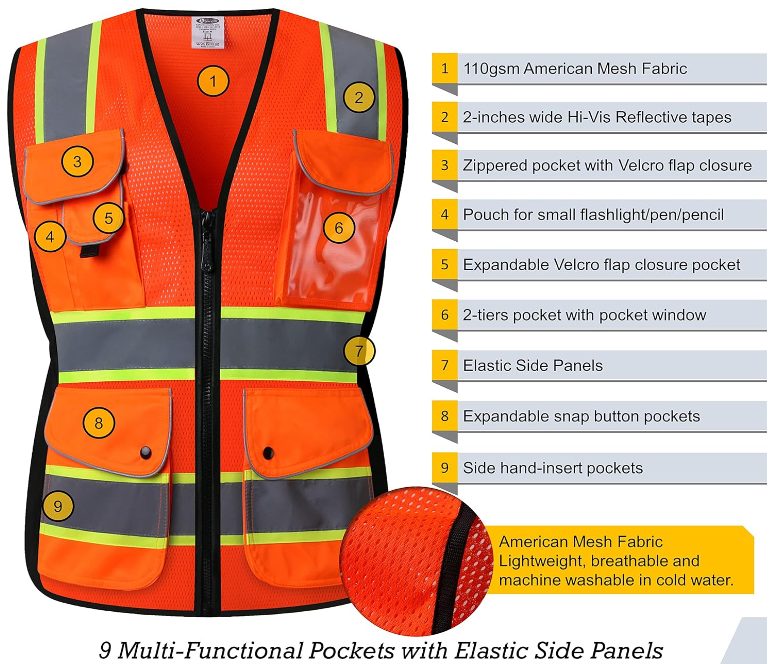 High visibility reflective peacock mesh safety vest with 9 pockets and front zipper, high visibility safety vest for woman