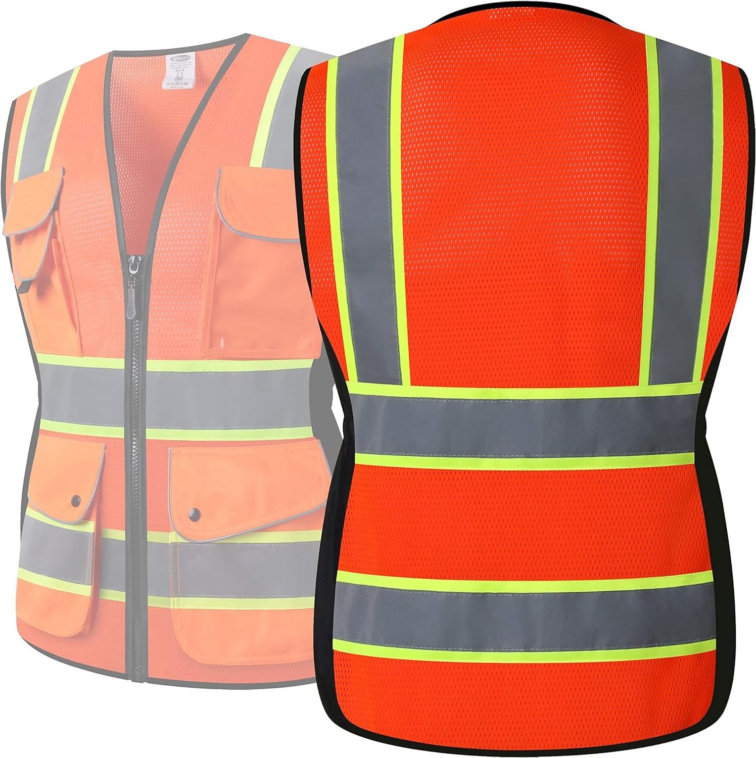 High visibility reflective peacock mesh safety vest with 9 pockets and front zipper, high visibility safety vest for woman