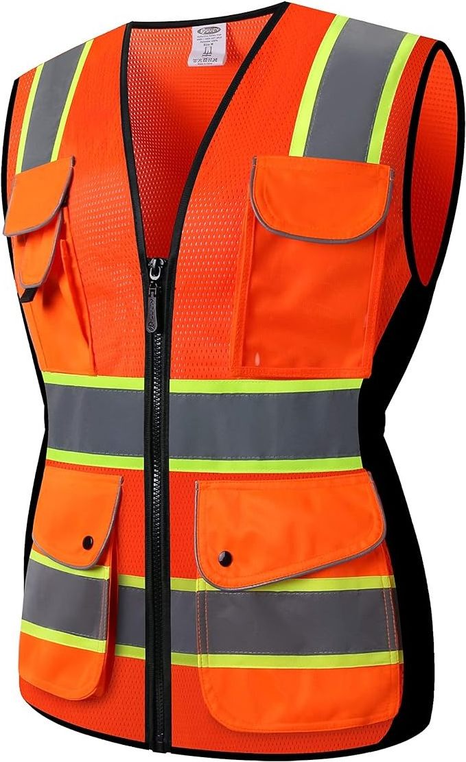 High visibility reflective peacock mesh safety vest with 9 pockets and front zipper, high visibility safety vest for woman