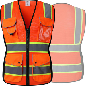 High visibility reflective peacock mesh safety vest with 9 pockets and front zipper, high visibility safety vest for woman