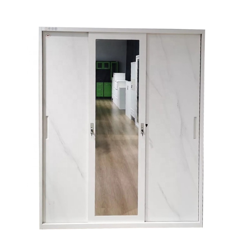 sliding door steel wardrobe for bedroom cloth storage metal wardrobe with customized print and large mirror for steel almirah