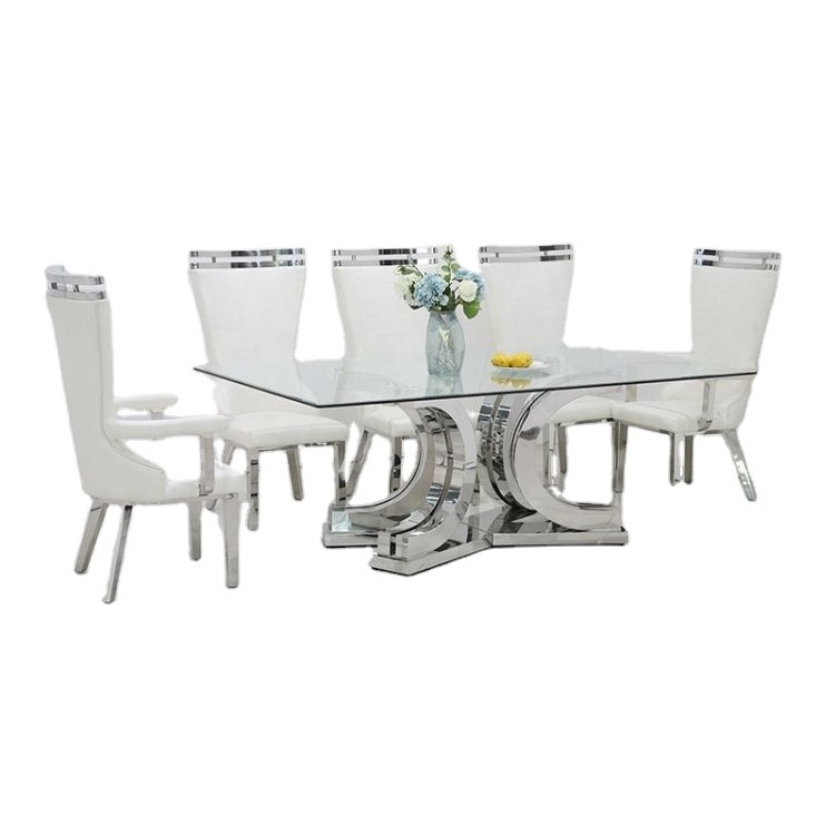 8 Dining Tables Set Countertops Italian Design Furniture Metal Large Dining Table with Glass Top or Marble Stainless Steel