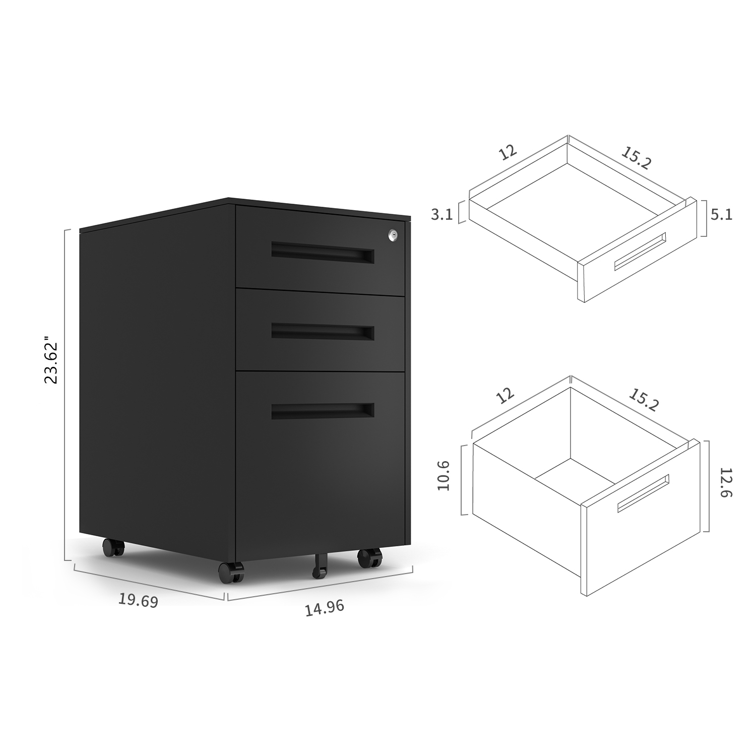 Drawer Rolling File Cabinet with Locking Wheels, Home Office Portable Vertical Mobile Wooden Storage Filing Cabinets