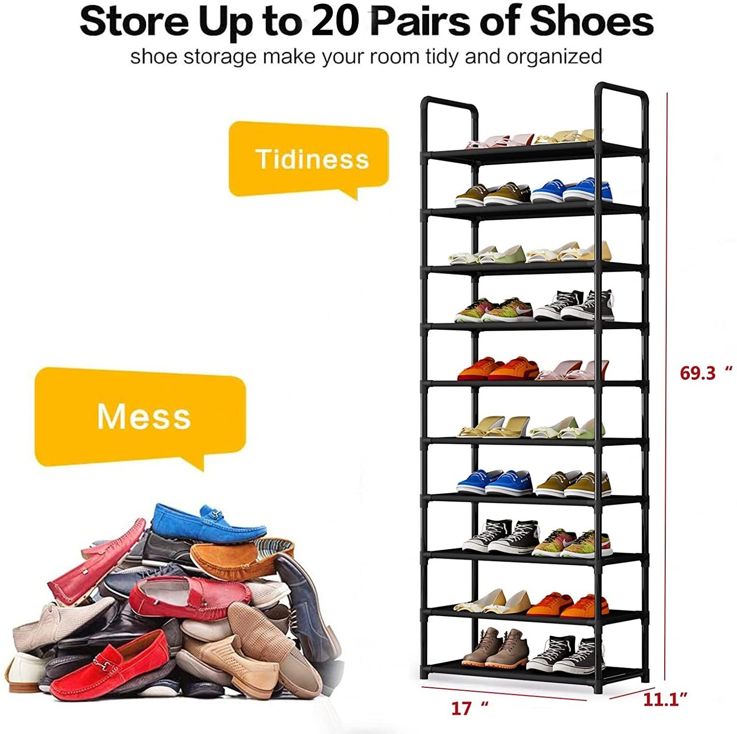 Shoe Rack 10 Tier Sturdy Tall Shoe Rack Metal Shoe Shelf Organizer Stores 17-20 Pairs for Entryway Closet