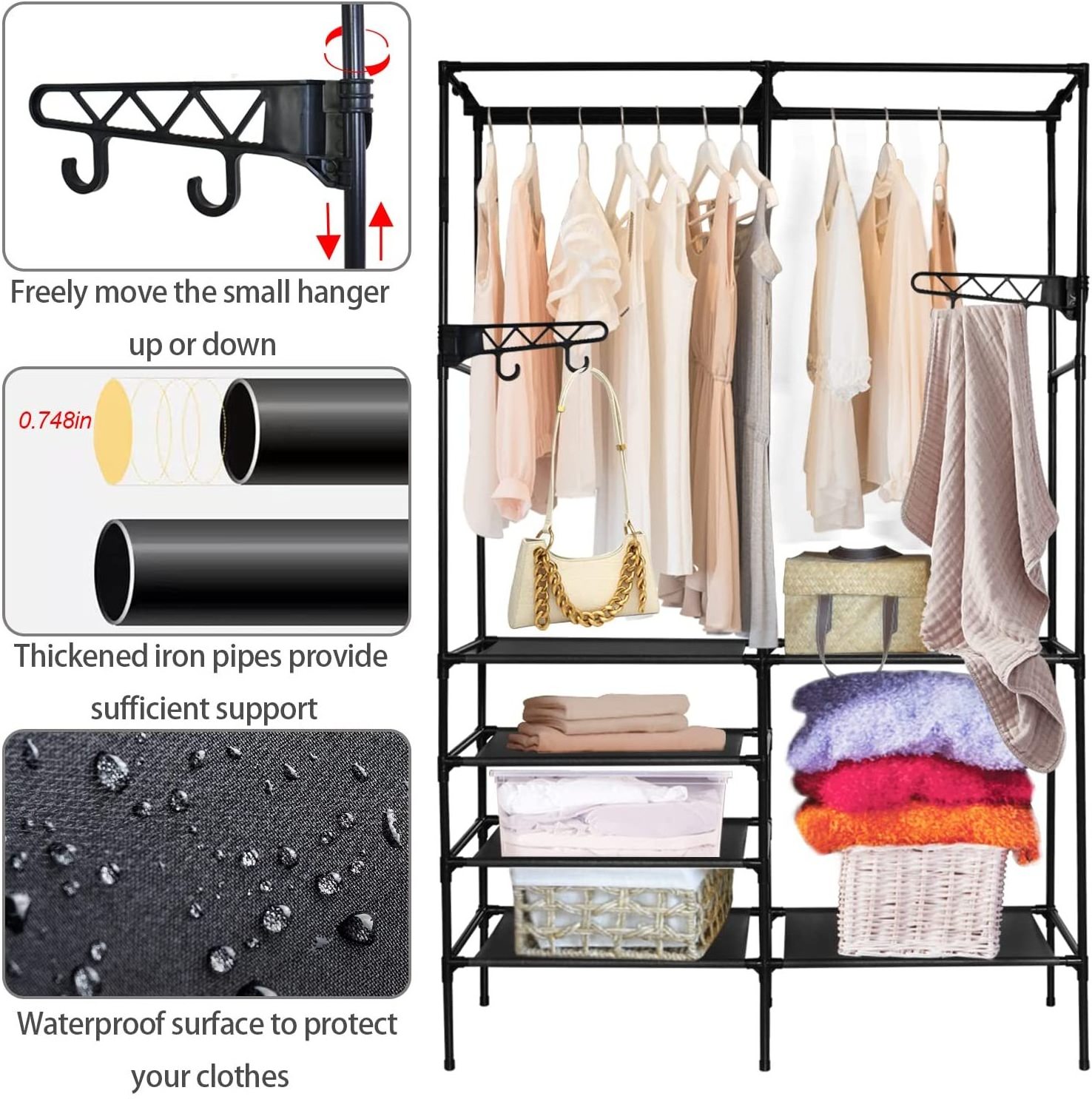 Metal Hanging Storage Organizer Rack Wardrobe with Shelves& Hanging Rods Clothes Hanger Organizer