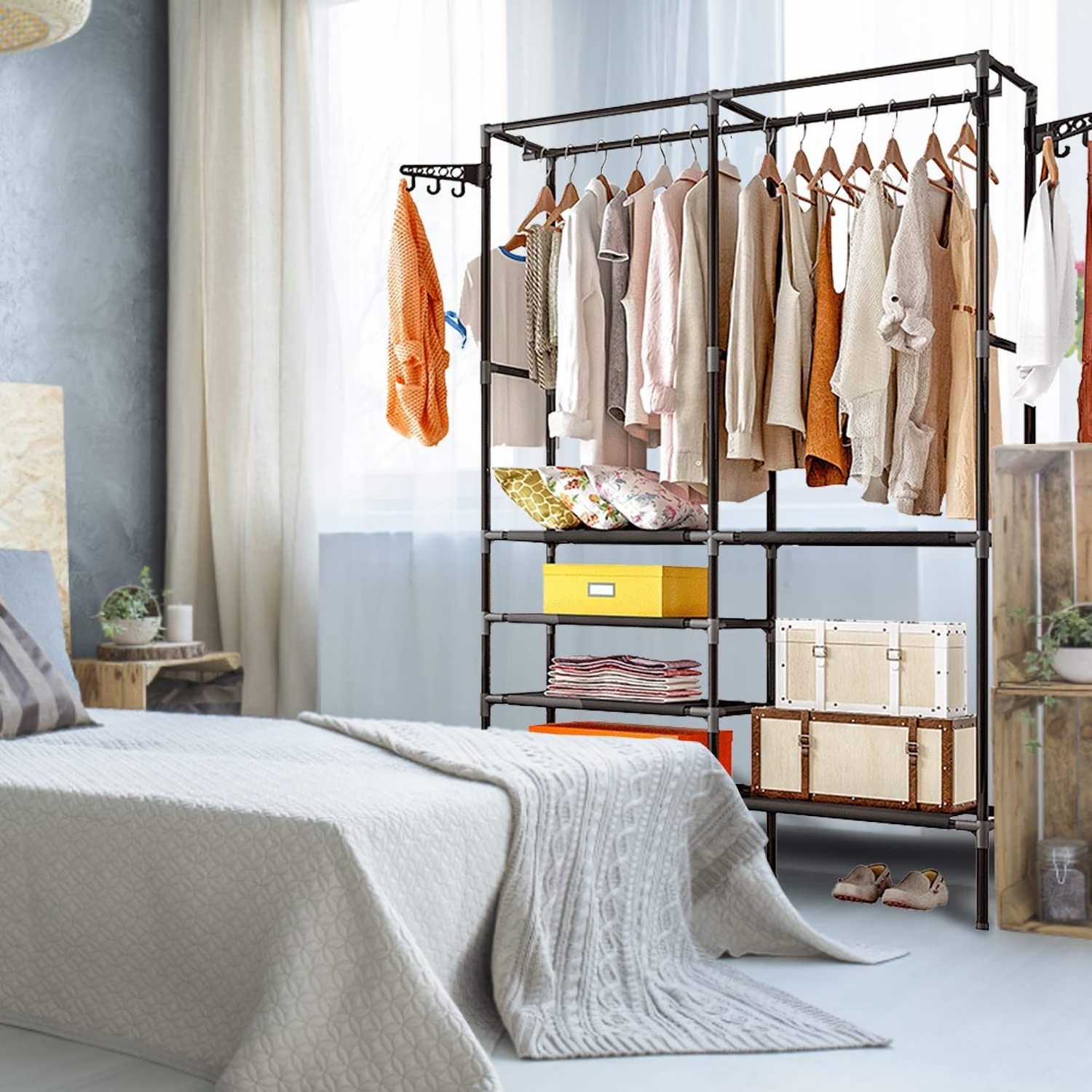 Metal Hanging Storage Organizer Rack Wardrobe with Shelves& Hanging Rods Clothes Hanger Organizer