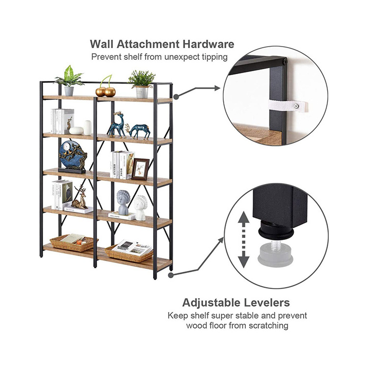 Rustic Wood Etagere Bookcase Metal Tall Book Shelf with Open Shelving Unit 5 Tier Industrial Bookshelf