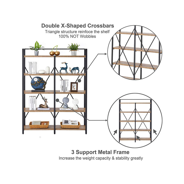 Rustic Wood Etagere Bookcase Metal Tall Book Shelf with Open Shelving Unit 5 Tier Industrial Bookshelf