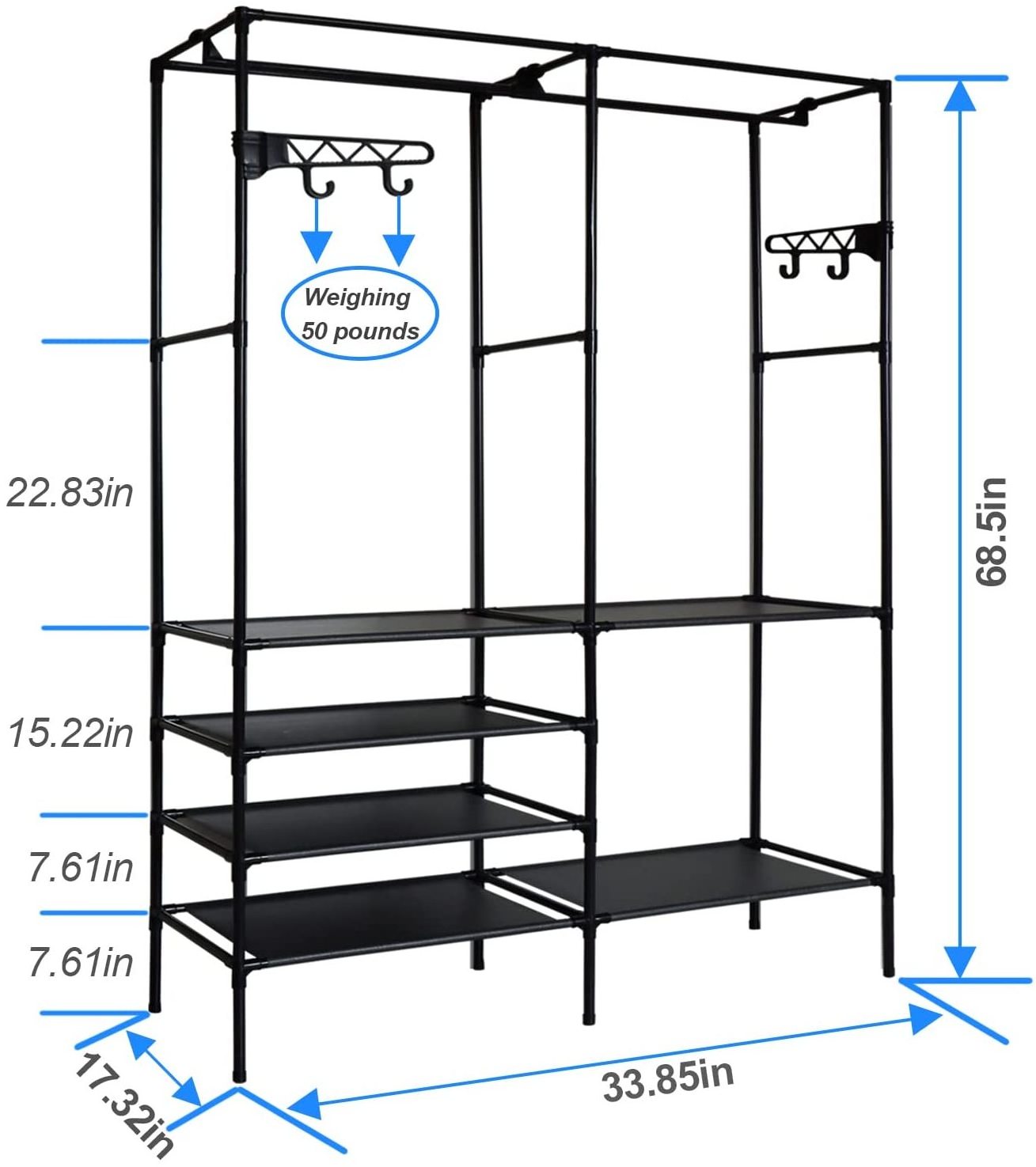 Metal Hanging Storage Organizer Rack Wardrobe with Shelves& Hanging Rods Clothes Hanger Organizer