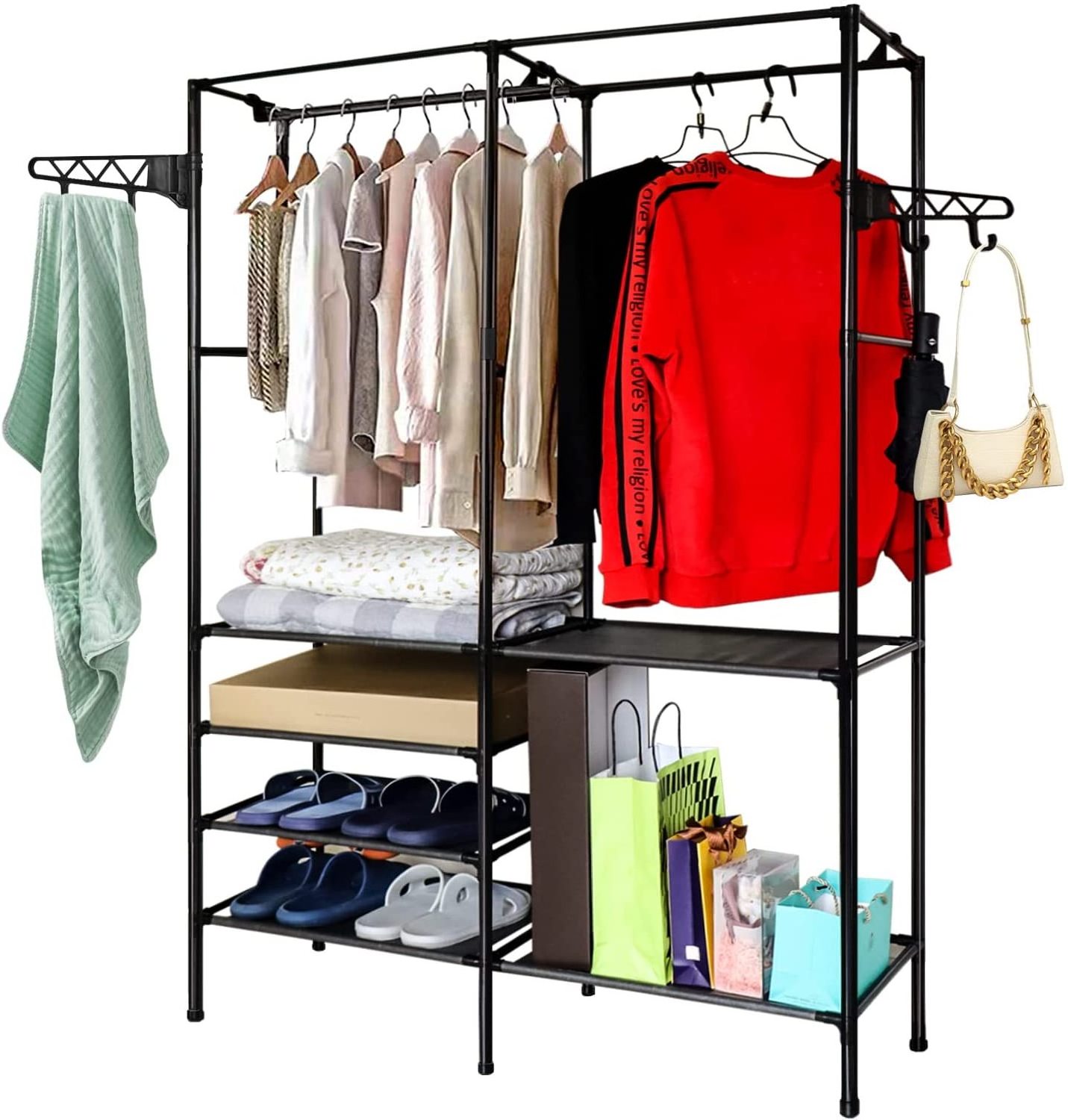 Metal Hanging Storage Organizer Rack Wardrobe with Shelves& Hanging Rods Clothes Hanger Organizer