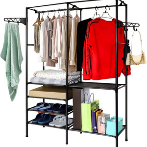 Metal Hanging Storage Organizer Rack Wardrobe with Shelves& Hanging Rods Clothes Hanger Organizer