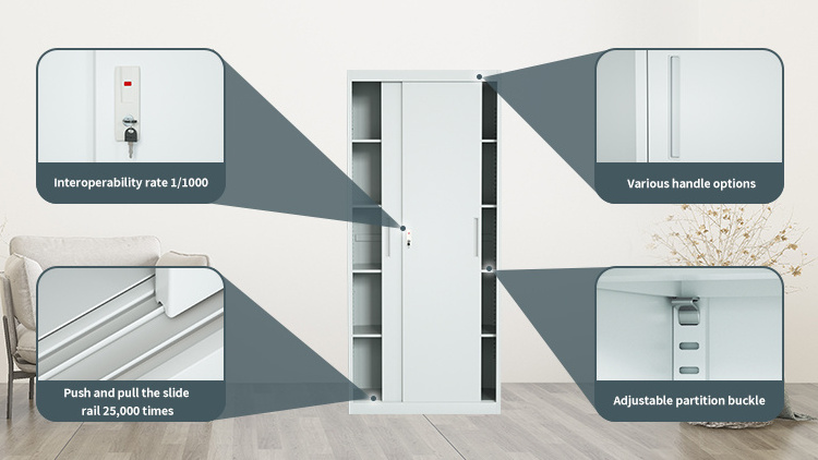 Office Filling Cabinet Metal Cabinet Storage Stainless Steel Cupboard with 2 Sliding doors and 4 shelves